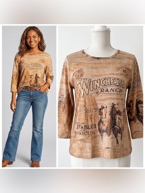Vintage 90s Winchester Ranch Horse Graphic Sequin Embellished Graphic Top Sz S